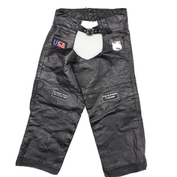Black Pebble Leather Motorcycle Chaps with Patches Pants Men Size 3X - Picture 1 of 16